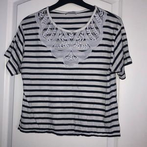 Zara Navy and White Stripped Tee w/ Floral Design